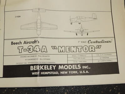 Berkeley Models Airplane Blueprints Plans 1954 T-34A Mentor - Image 1 of 3