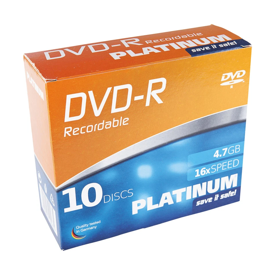 10x Platinum 4,7 GB DVD-R Rohling max. 16x Speed 120 Min. Aufnahmezeit Slimcase - Bild 1 von 1