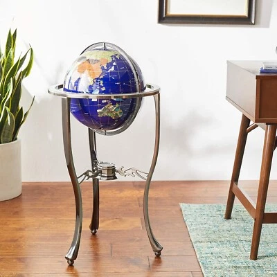 36" Tall Blue Lapis Gemstone World Globe with Silver Floor Stand w 50 ST stone - Image 1 of 4