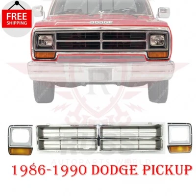 New Front Grille Chrome + Headlight Bezels For 1986-1990 Dodge Ramchar D150 D250 Foto 1 de 4