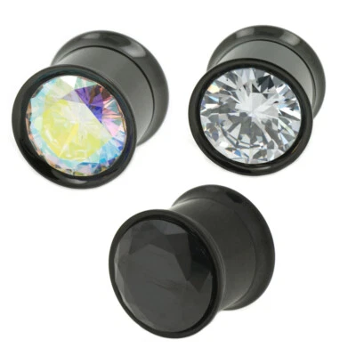 Großer Kristall Schwarz Glitzer Schraub Flesh Tunnel Zirkonia Innengew Piercing - Bild 1 von 4