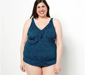 Denim & Co. Playa Volantes Ribete Una Pieza Plumas de Pavo Real 18 Nuevo - Imagen 1 de 1
