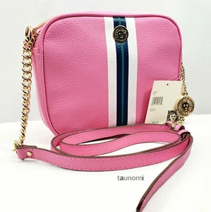 ANNE KLEIN "Camera Bag" Varsity Stripe Chain Crossbody Bag Pink/White/Navy $65 - Picture 1 of 10