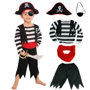Kids Boys Girls Pirate Costume Halloween Fancy Dress Outfit Pirate Hat Eyepatch - Picture 1 of 7