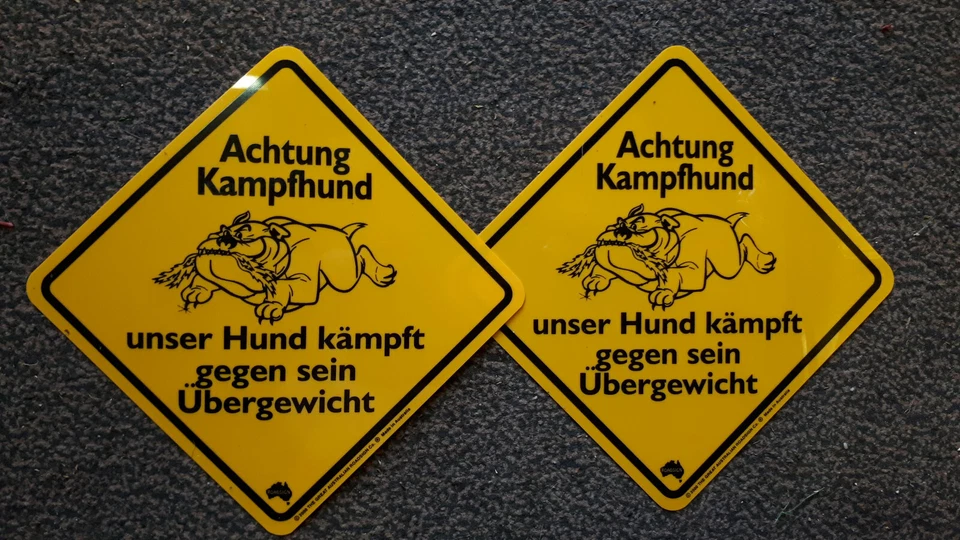 2 Stück 19cm Warn Hinweis Signal Schild  Kampf Hund kämpft gegen Übergewicht - Bild 1 von 1