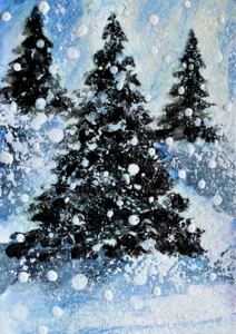 ACEO PITTURA INVERNALE ORIGINALE PINO NEVE ALBERI PAESAGGIO FREDDO FORESTA NATURA ARTE - Foto 1 di 1