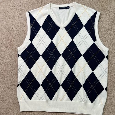 NAUTICA Mens Vest Tank Top XXL Navy Blue White Argyle/Diamond Cotton New - Image 1 of 4