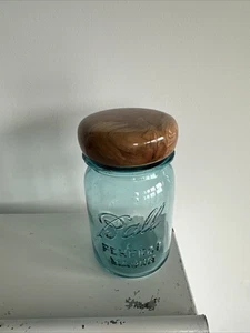 VINTAGE Ball Perfect Mason Blue Jar Pint No 6 w/ Handmade Wood Lid - Picture 1 of 9