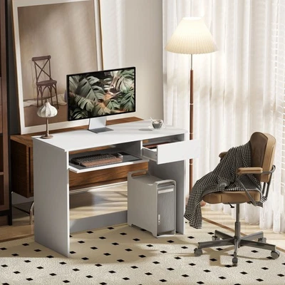 Compact Computer Table with Keyboard Tray and Drawer, Writing Desk, White - Image 1 of 4