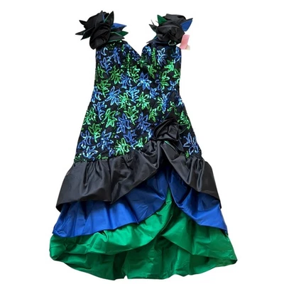 Vintage 1980s prom dress size 14 black blue green sequins tiered flowers - Image 1 of 4