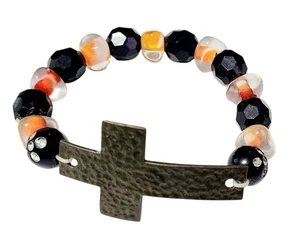 Orange, Black & Clear Beaded Cross Bracelet Religious Halloween Fall Autumn - Picture 1 of 5