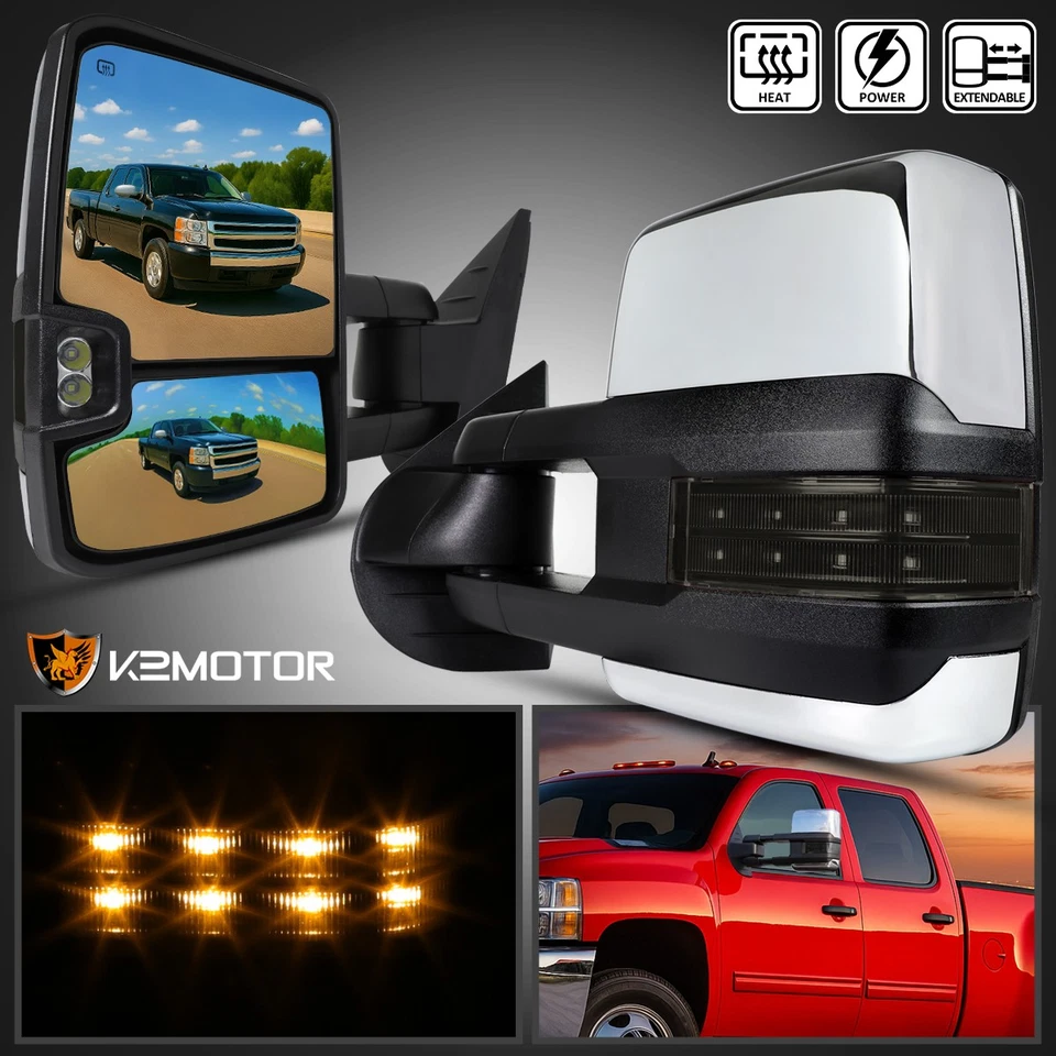 Fits 2007-2013 Silverado Sierra Power Heated Tow Mirrors Chrome+Smoke LED Signal - Изображение 1 из 4