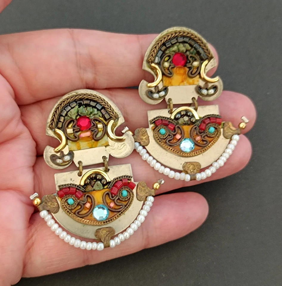 Ayala Bar Vintage Clip On Earrings Boho Mosaic Folk Art Colorful Israeli Artisan - Image 1 of 4