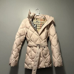 Burberry London Jacket Goose Pink Down Puffer Hooded Belt Small AUTHENTIC ⭐️ - Picture 1 of 15