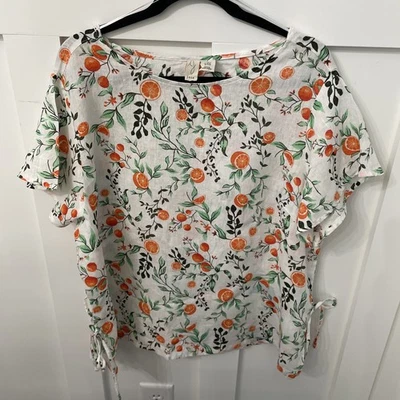 Blusa para mujer Joie manga corta flor naranja 100 % lino-2X-cuello barco-corbatas laterales Foto 1 de 4