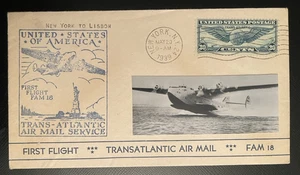 1939, FIRST FLIGHT TRANS-ATLANTIC AIRMAIL, FAM 18, NEW YORK TO LISBON PORTUGAL - Picture 1 of 7