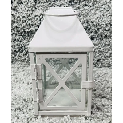 Linterna de vela de metal blanco de 5,5" de alto paneles de vidrio decorativos decoración del hogar Foto 1 de 4