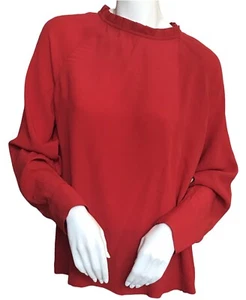 LOFT Medium Blouse Bright Red High Neck Pleated Ruffle Long Sleeves New w Tags - Picture 1 of 11