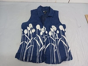 Ladies Carole little Top 100% linen blue with white tulip pattern - Picture 1 of 12