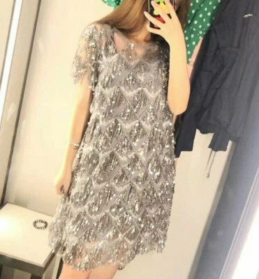 NEW SS19 ZARA SEQUINNED FRINGE DRESS REF 2423/552 SIZE M VESTIDO LENTEJUELAS - Imagen 1 de 4