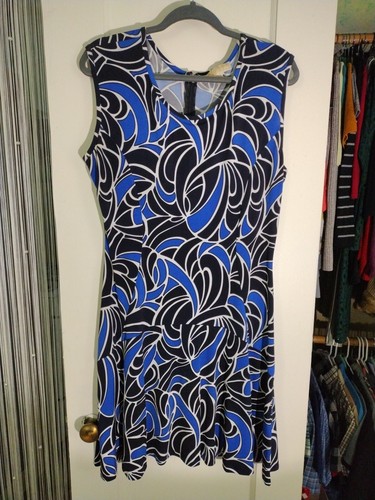 Abito donna Michael Kors taglia L motivo geometrico nero bianco e blu royal