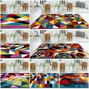 SMALL LARGE VIBRANT FUNKY MULTI COLOURE GEOMETRIC SOFT PILE MODERN SPECTRUM RUG* - Picture 1 of 77