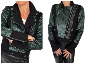 Chaser Black Crop Moto Jacket Turquoise Green Sequins Button Zipper Sz XS - Picture 1 of 13
