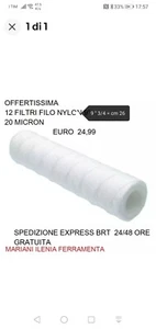 12 Filtri Acqua Cartuccia a Filo Avvolto da 9" 3/4 - 20 Micron Lunghi Cm 26 - Foto 1 di 3
