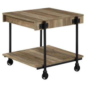 Furniture of America End Table 23.63" x 22" x 23.63" Black/Rustic Oak w/ Wheels - Picture 1 of 8