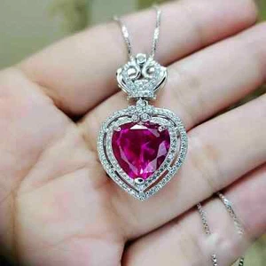 Ladies 3Ct Heart Shape Lab-Created Pink Ruby Halo Pendant 14K White Gold Plated - Picture 1 of 6