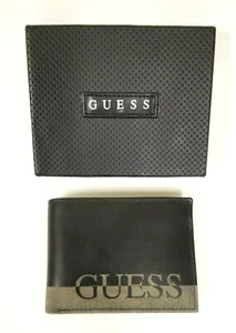 NEW GUESS BLACK+GRAY STRIPED HARD LEATHER,LOGO,MEN'S BIFOLD WALLET+ORIGINAL BOX - Picture 1 of 8