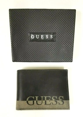 Nuevo GUESS Negro + Gris Rayas Duro Cuero, Logo, HOMBRE Cartera Plegable+ - Imagen 1 de 4