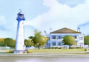 Biloxi Leuchtturm Kühlschrankmagnet. Miss. Golfküste. James Mann Aquarell Kunst - Bild 1 von 2