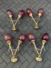 2 Pairs Gilt Bronze Double Torch Wall Lights with Glass Flame Shades Cranberry