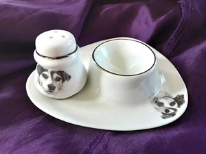 Stunning Egg Cup & Miniature Salt Pot White Ceramic Grey Terrier Silver Rim - Picture 1 of 7