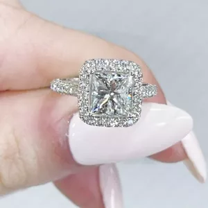 1.84 TCW Princess Cut Moissanite Halo Engagement Ring 14k White Gold Plated - Picture 1 of 9