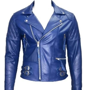 Men Royal Blue Biker Leather Jacket Real Leather Sheepskin Motorcycle Jacket - Picture 1 of 4