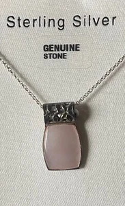 Rose Quartz 925 Sterling Silver Necklace Pendant Box Chain Rectangle Vtg - Picture 1 of 4