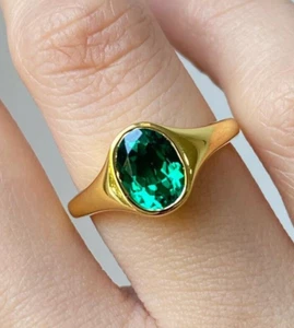 Bezel Set Emerald Ring Oval Cut Diamond CZ Wedding Ring Green Diamond Ring Gold - Picture 1 of 7