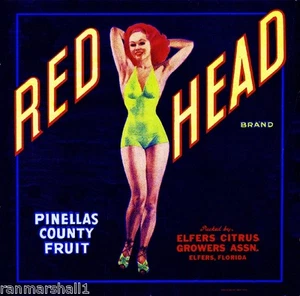 Impresión artística de etiqueta de caja de cítricos naranja cabeza roja Elfers Florida - Imagen 1 de 1