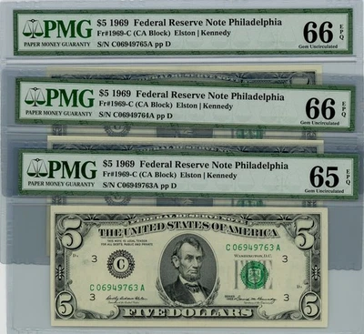Fr. 1969-C $5 1969 3 Consec. Federal Reserve Note 65-66 EPQ PMG dc-2543 - Image 1 of 3