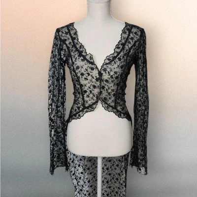 Jane Booke Designer Black Lace Sheer Tailed Sexy Jacket S Small Unique Floral  - Image 1 of 4