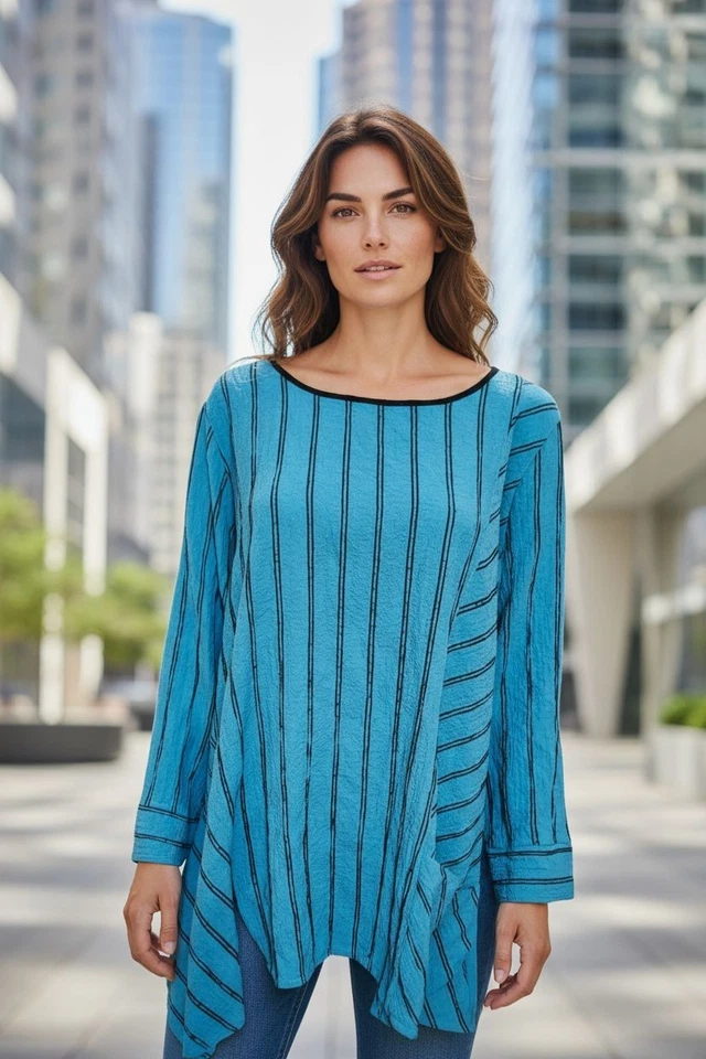 Blusa túnica a rayas Ali Miles 1X Lagenlook cuello redondo bolsillo camisa DEFECTUOSA Foto 1 de 4