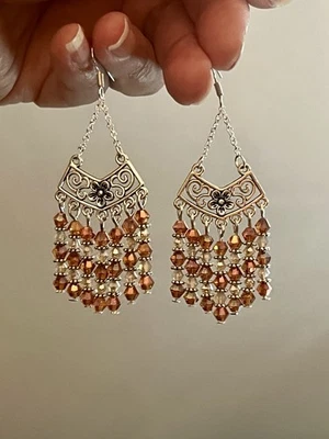 Nuevos Pendientes Araña Otoño Moda Cristal Naranja Brillante y Plata Floral Foto 1 de 4