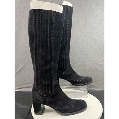Testoni Italian Tall Pull On Boots Suede Wingtip Black Womens Size 10 EU 40 EUC - Image 1 of 4