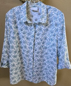 Alfred Dunner Sz 16 Blue Floral Cotton Polyester Button Down Blouse - Picture 1 of 11