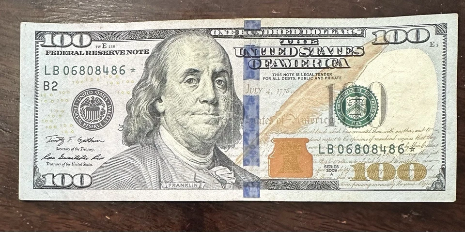 2009 $100 B2 Star Note With Low Serial Number Very Crisp And Off Center Misprint - Image 1 of 2