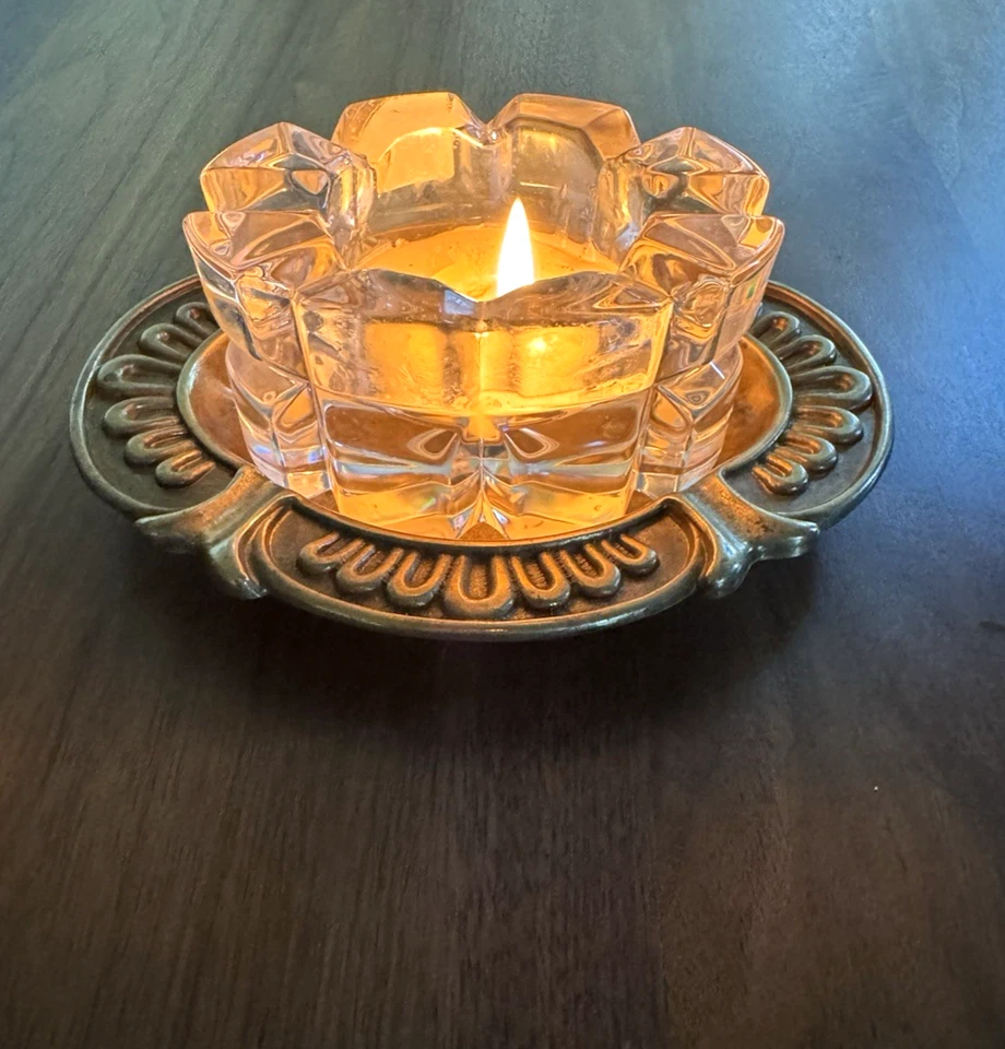 VTG Mikasa Germany Crystal Votive Holder + Brass Tray Holiday Tablescape Accent - Image 1 of 4