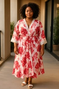 3 PIECE Set Lot PJ Top Pants Robe Size 3x Red Floral Pajama PJs Bathrobe Satin - Picture 1 of 21