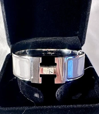 HERMES Clic H Bracelet Wide Gray Enamel Palladium M Size Used Good Authentic - Image 1 of 4